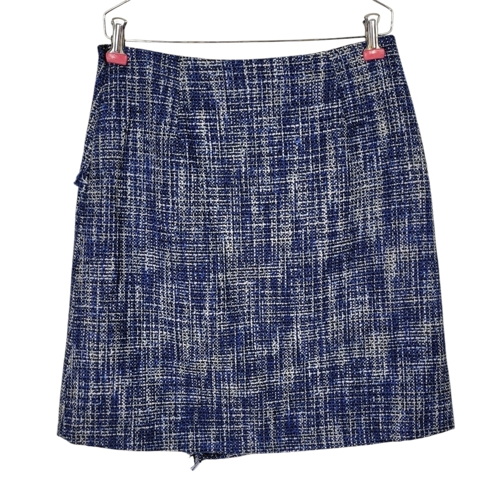 Halogen Tweed A Line Skirt Size 6 Blue Navy White Fringe Trim Side Zip Lined - Picture 4 of 9
